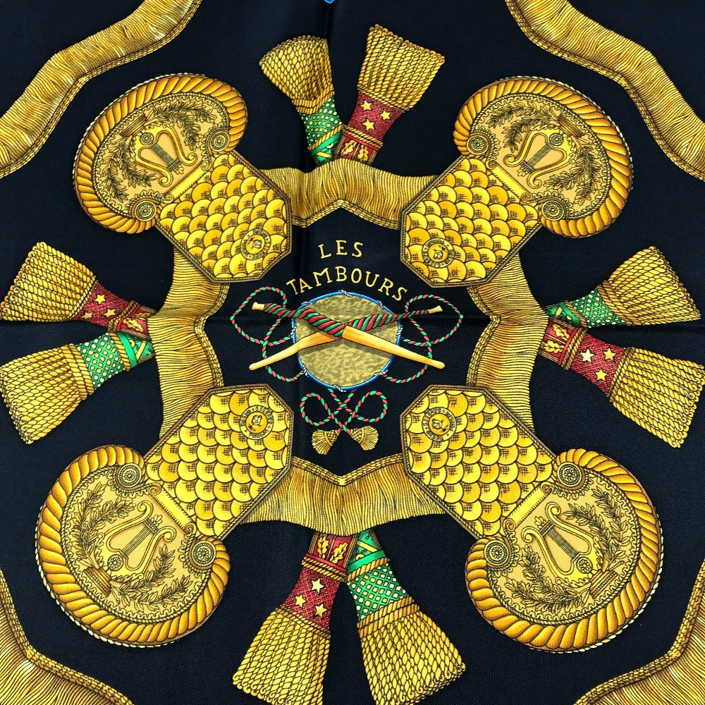 Hermes Scarf Silk Black Les Tambours Tambour Drums Carre90