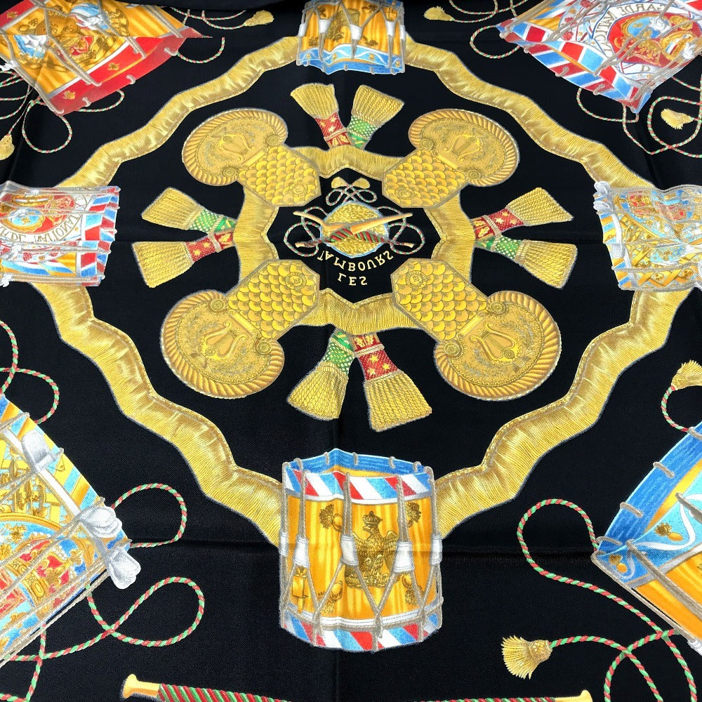 Hermes Scarf Silk Black Les Tambours Tambour Drums Carre90