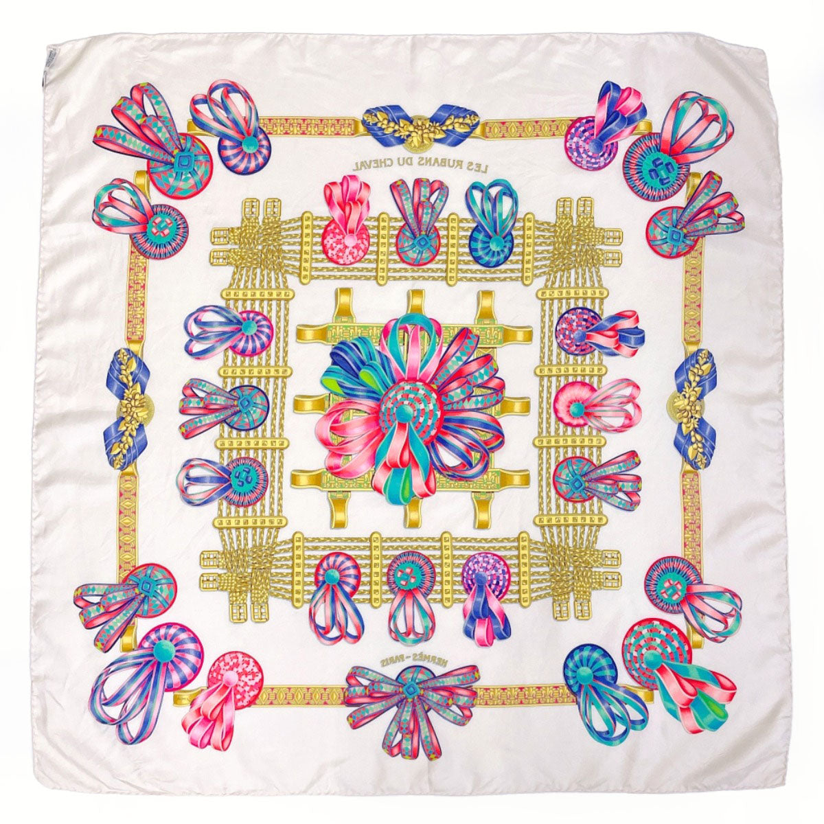 Hermes Scarf Silk, 100% Silk White Les Rubans Du Cheval Horse Ribbon Carre 90