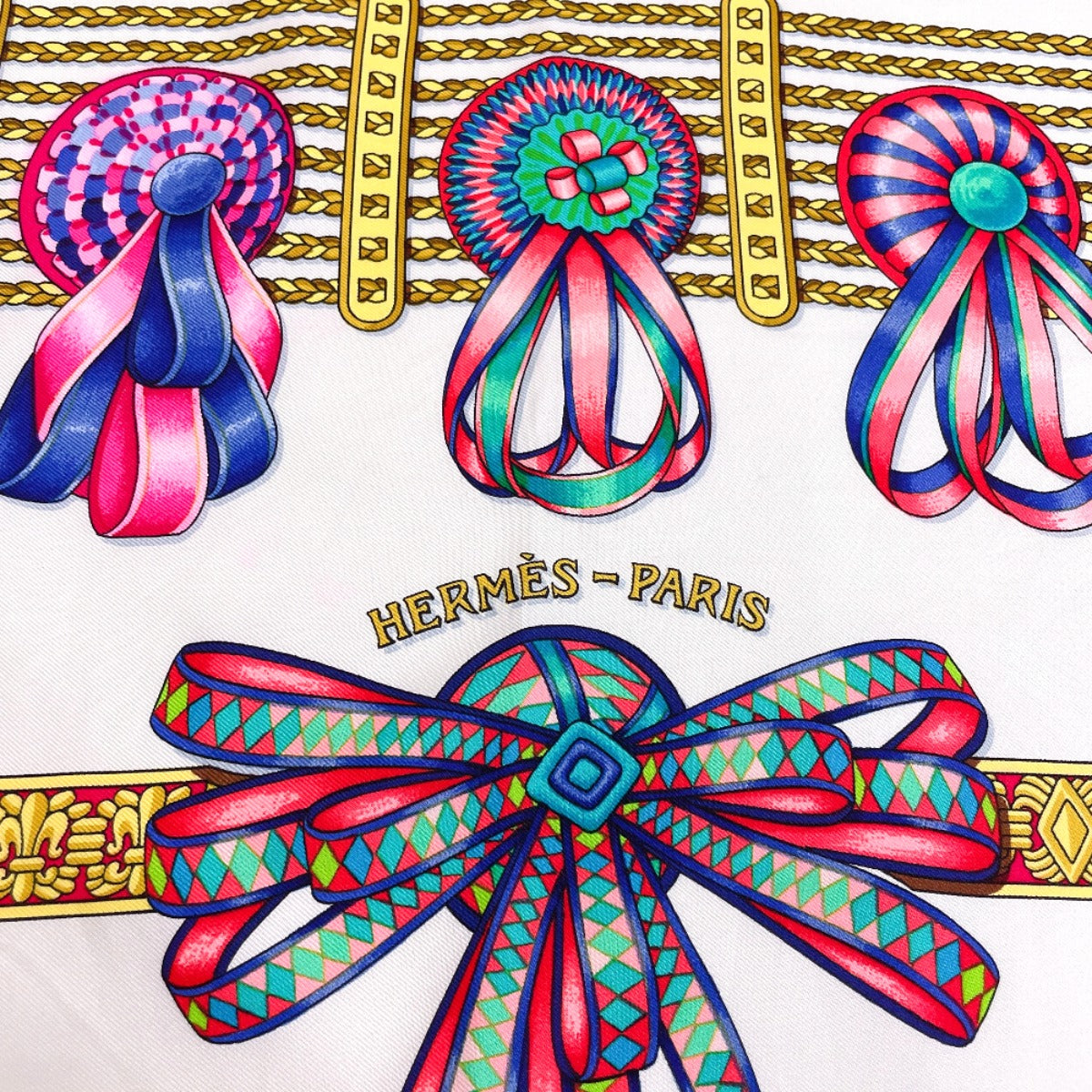 Hermes Scarf Silk, 100% Silk White Les Rubans Du Cheval Horse Ribbon Carre 90