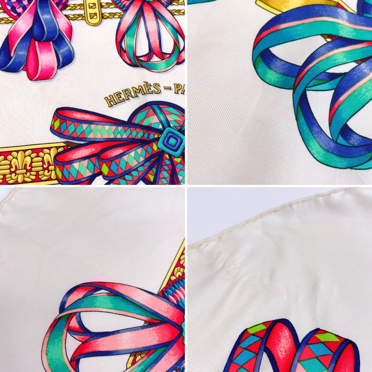 Hermes Scarf Silk, 100% Silk White Les Rubans Du Cheval Horse Ribbon Carre 90