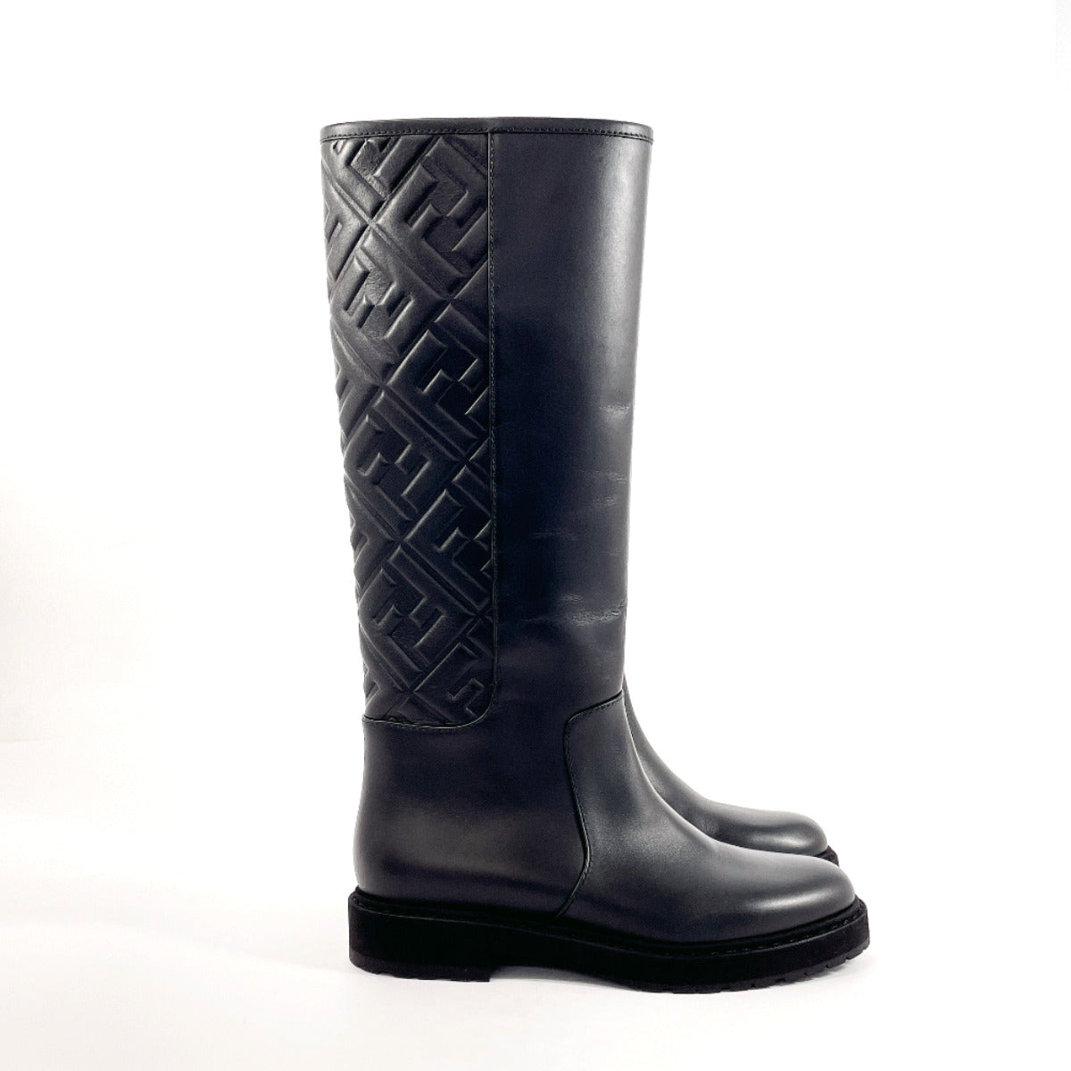 Fendi Boots 8U8036 Leather Black 21Aw Embossed Ff Motif Long Boots Zucca 37