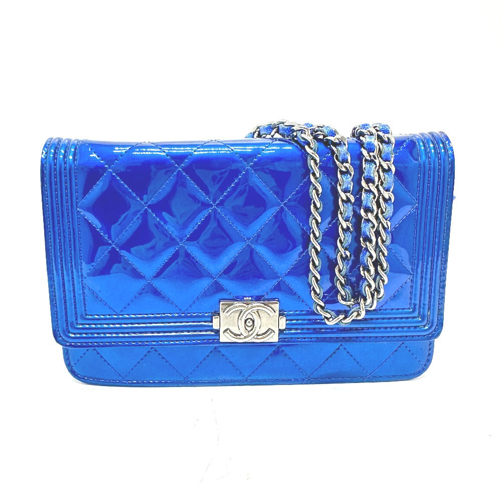 Chanel Shoulder Bag Patent Leather Gunmetal Blue Long Wallet Purse Bag Chain Bag Boy Chanel Cc Coco