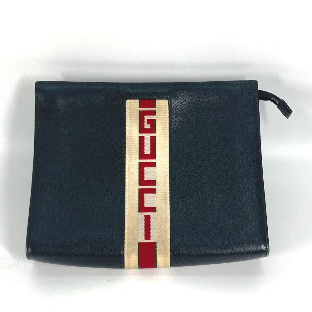Gucci Clutch Bag 475316 Leather Black Pouch Bag Web Stripe Logo
