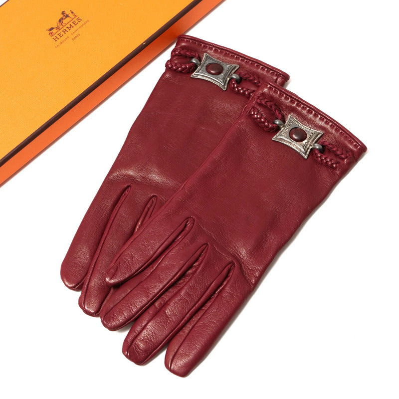 Hermes Gloves Genuine Leather Bordeaux/Silver 7.5