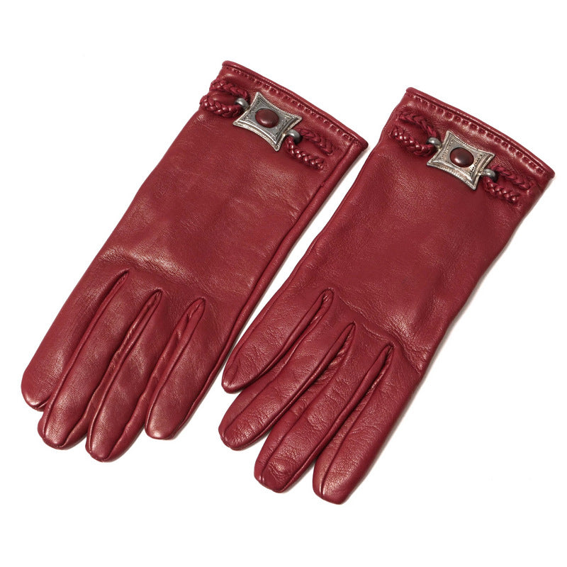 Hermes Gloves Genuine Leather Bordeaux/Silver 7.5