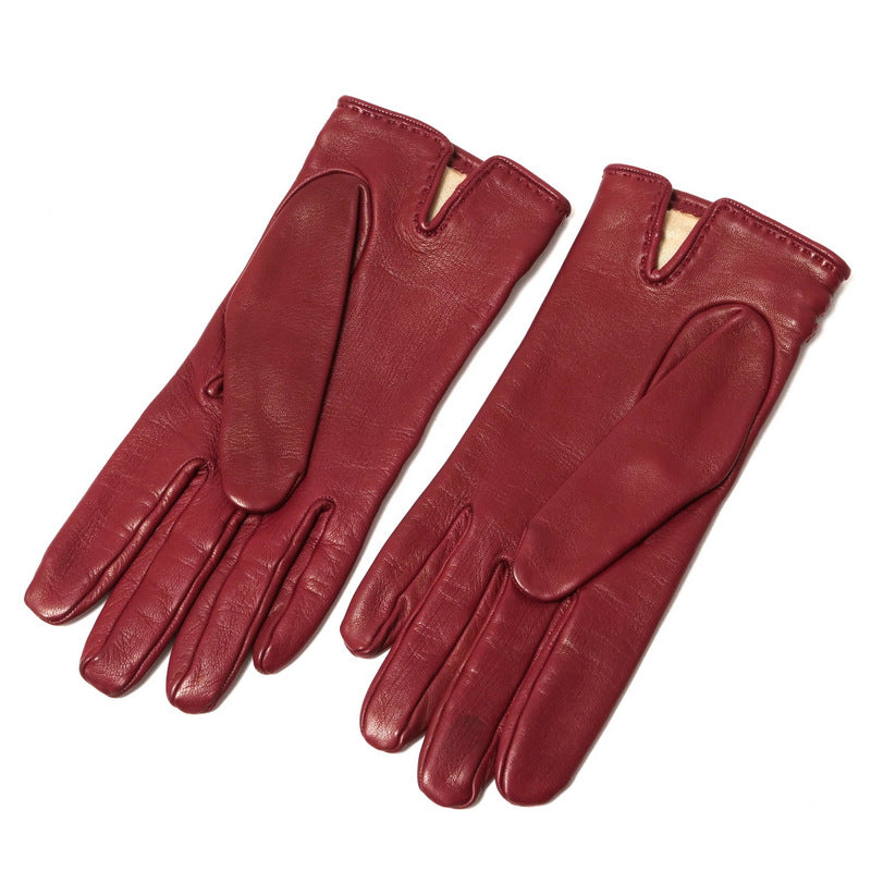 Hermes Gloves Genuine Leather Bordeaux/Silver 7.5