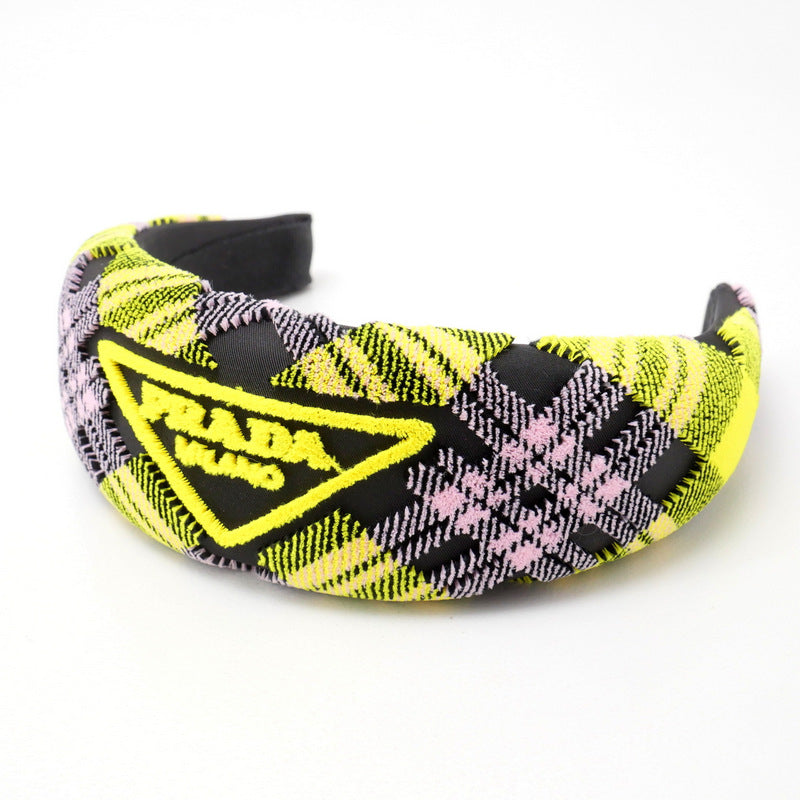 Prada Hair Accessory Velor Multicolor Hairband With Triangle Logo Headband Check Pattern Women