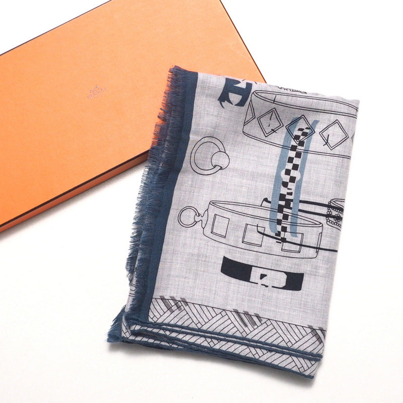 Hermes Stall 694134T Jv~70Vn30 Gray Colliers De Chiens Imprimeur Fou Rectangle Mens