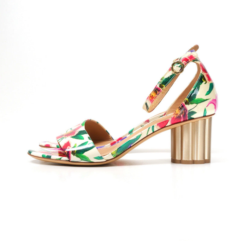 Salvatore Ferragamo Sandals Patent Leather Ivory Flower Print Eraclea Women 6.5C