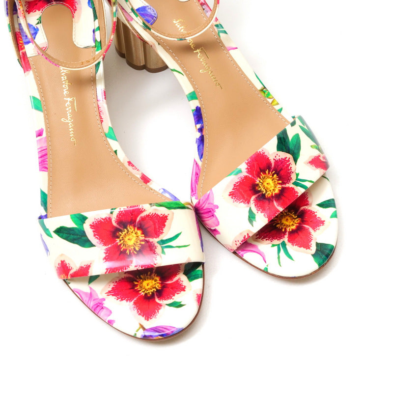 Salvatore Ferragamo Sandals Patent Leather Ivory Flower Print Eraclea Women 6.5C
