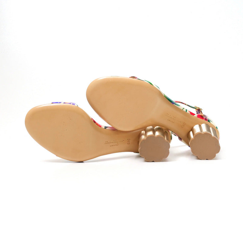 Salvatore Ferragamo Sandals Patent Leather Ivory Flower Print Eraclea Women 6.5C