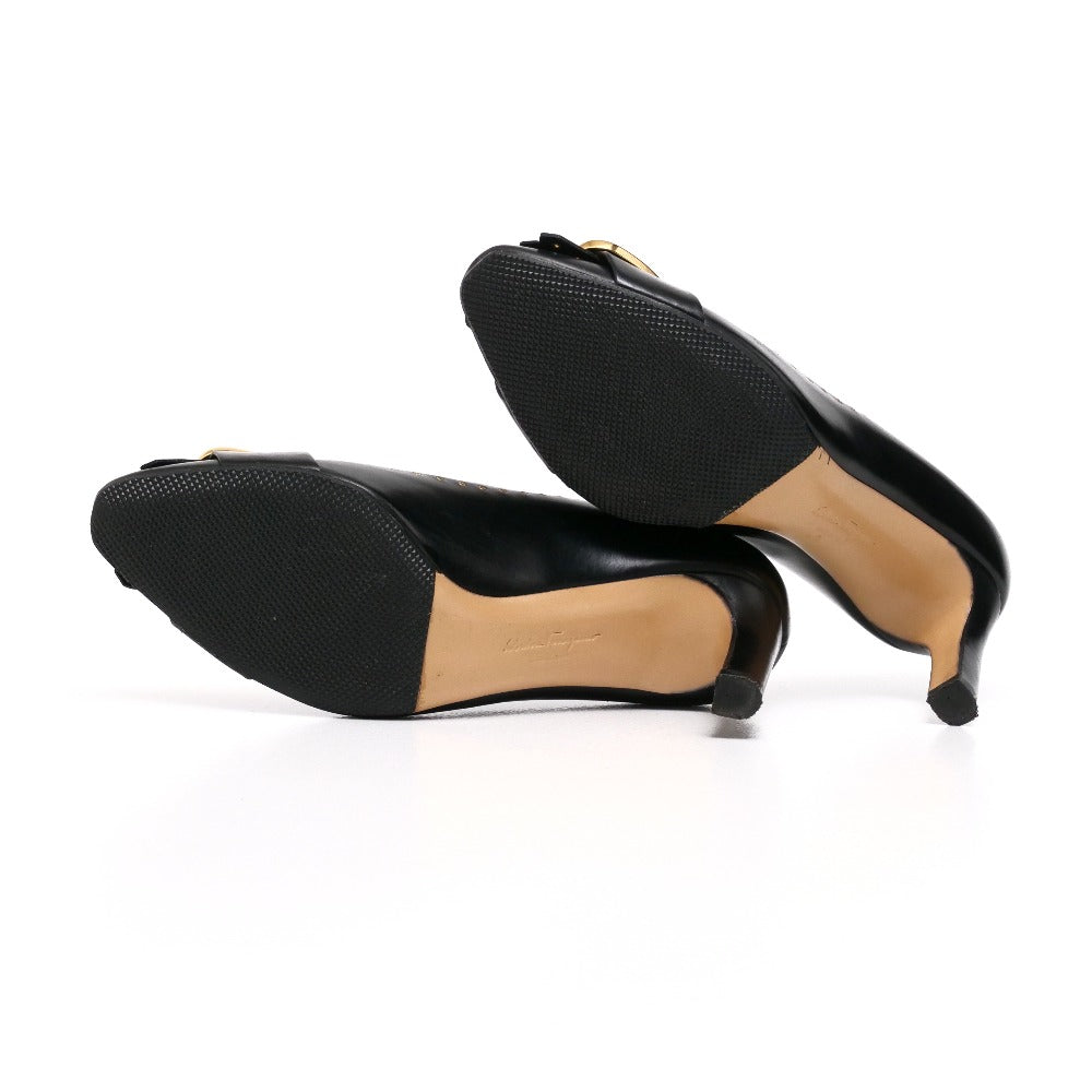Salvatore Ferragamo Pumps Zx10444 70 Leather Black Gold Women 4 1/2 C