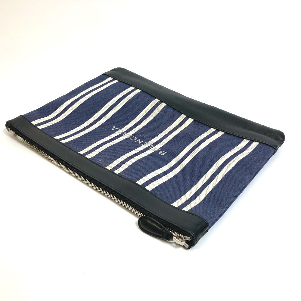 Balenciaga Clutch Bag 420407 Canvas / Leather Navy X Black Stripe Logo Navy Clip M Unisex(Unisex)