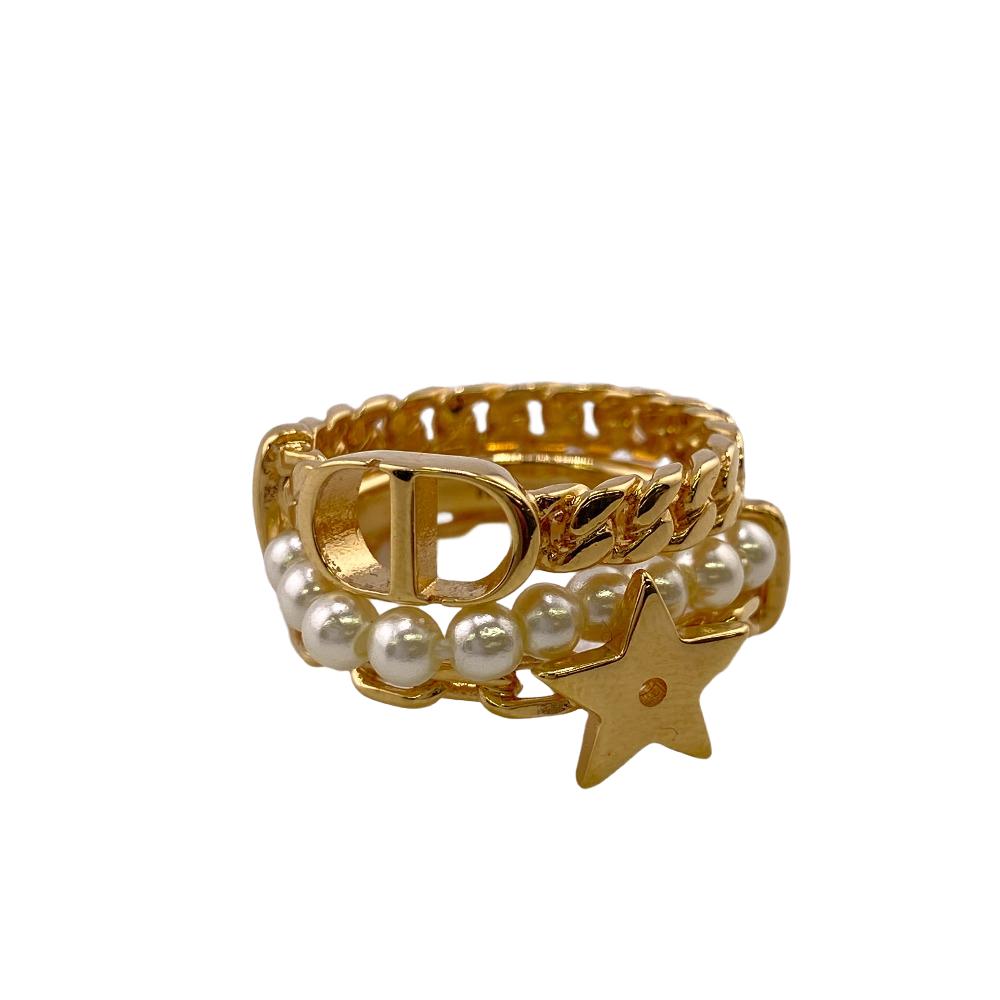 Dior Ring Gold Plated, Faux Pearl Gold 3 Stations Cd Star Women M