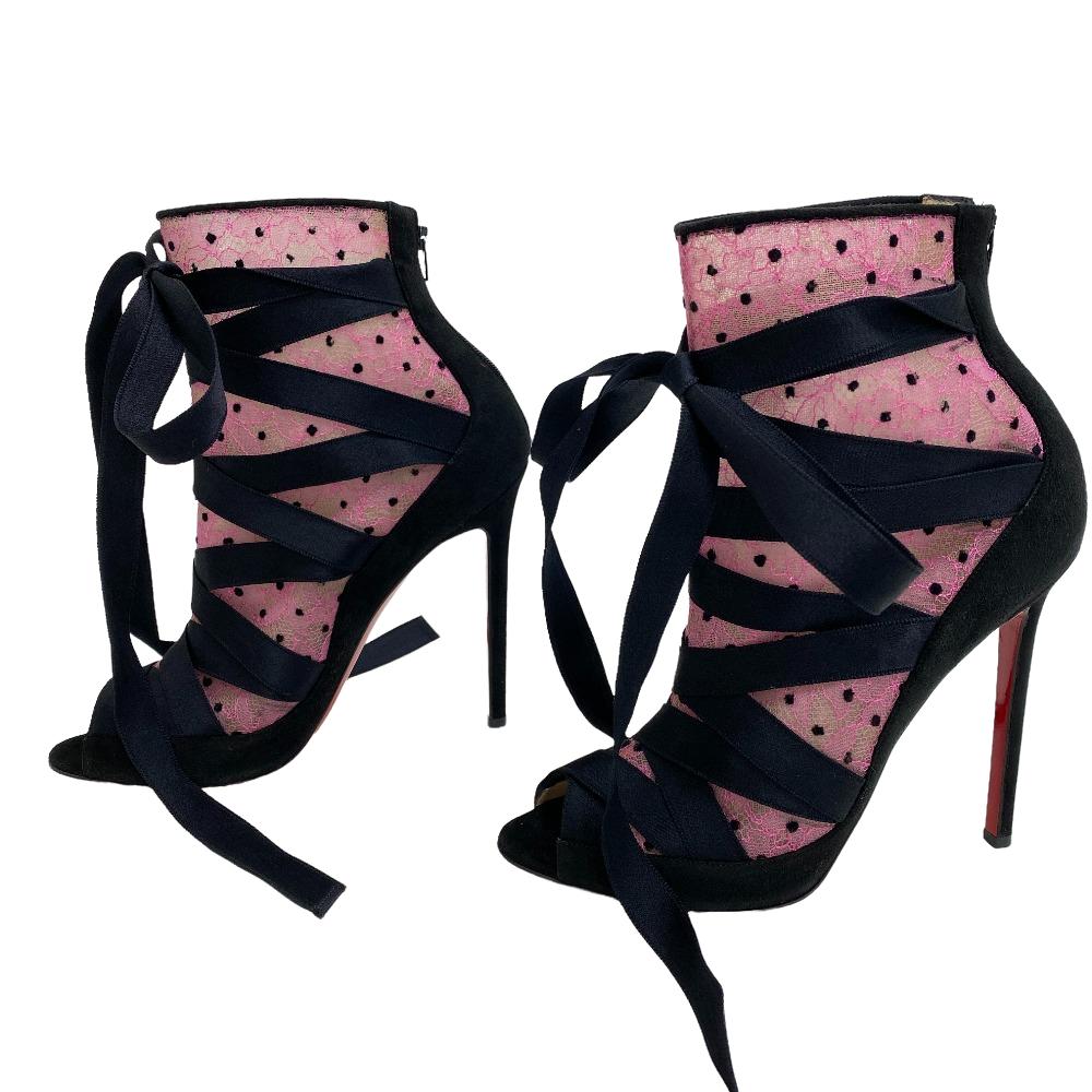 Christian Louboutin Pumps Suede Black Mesh X Suede Open Toe Pumps Women 38