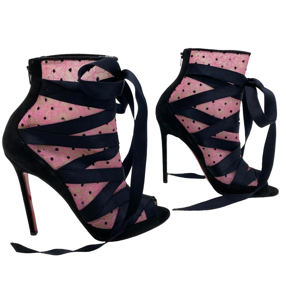 Christian Louboutin Pumps Suede Black Mesh X Suede Open Toe Pumps Women 38