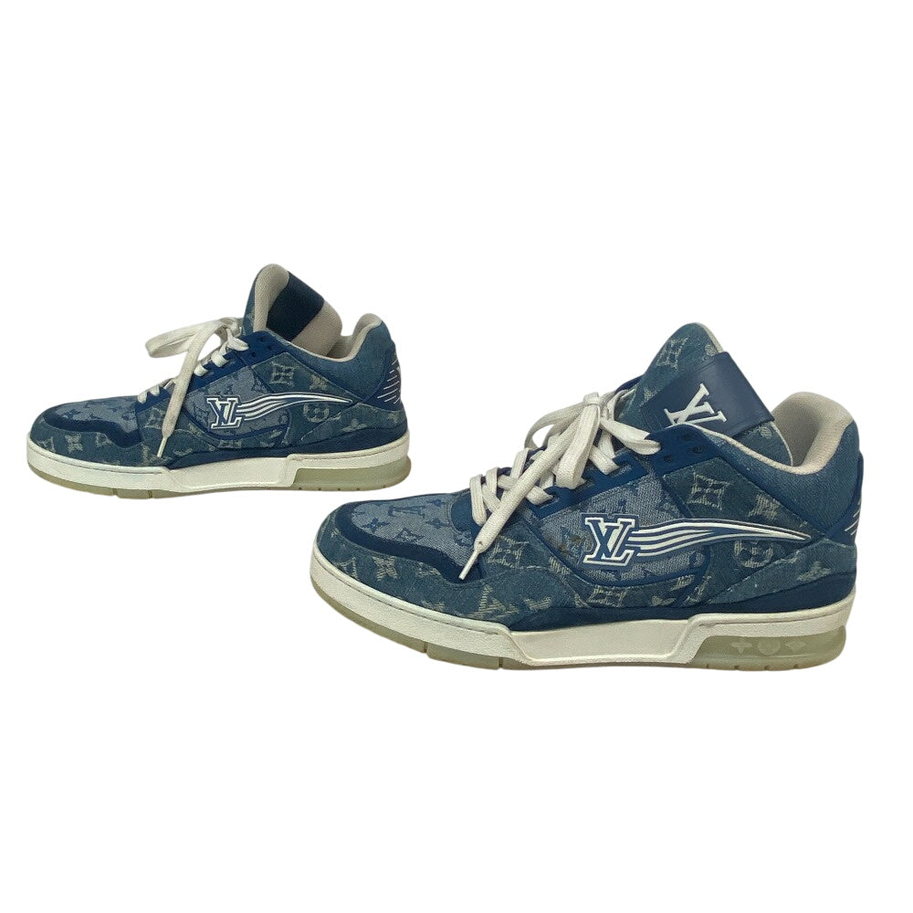 Louis Vuitton Sneakers Fd0270 Denim, Leather Blue Monogram Denim Mens 7 1/2