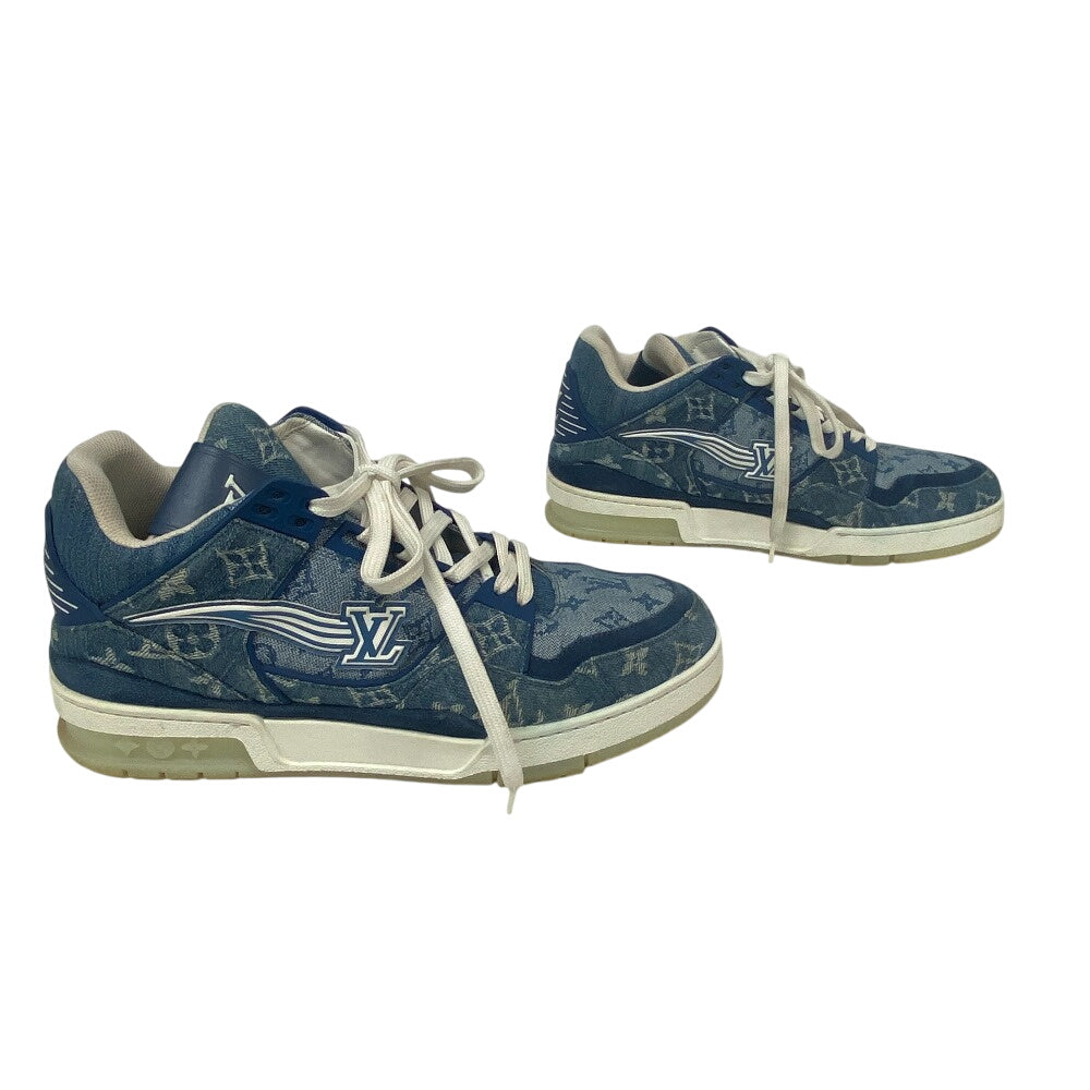 Louis Vuitton Sneakers Fd0270 Denim, Leather Blue Monogram Denim Mens 7 1/2