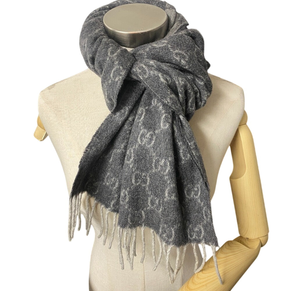 Gucci Scarf Cashmere Gray Gg Pattern Women(Unisex)
