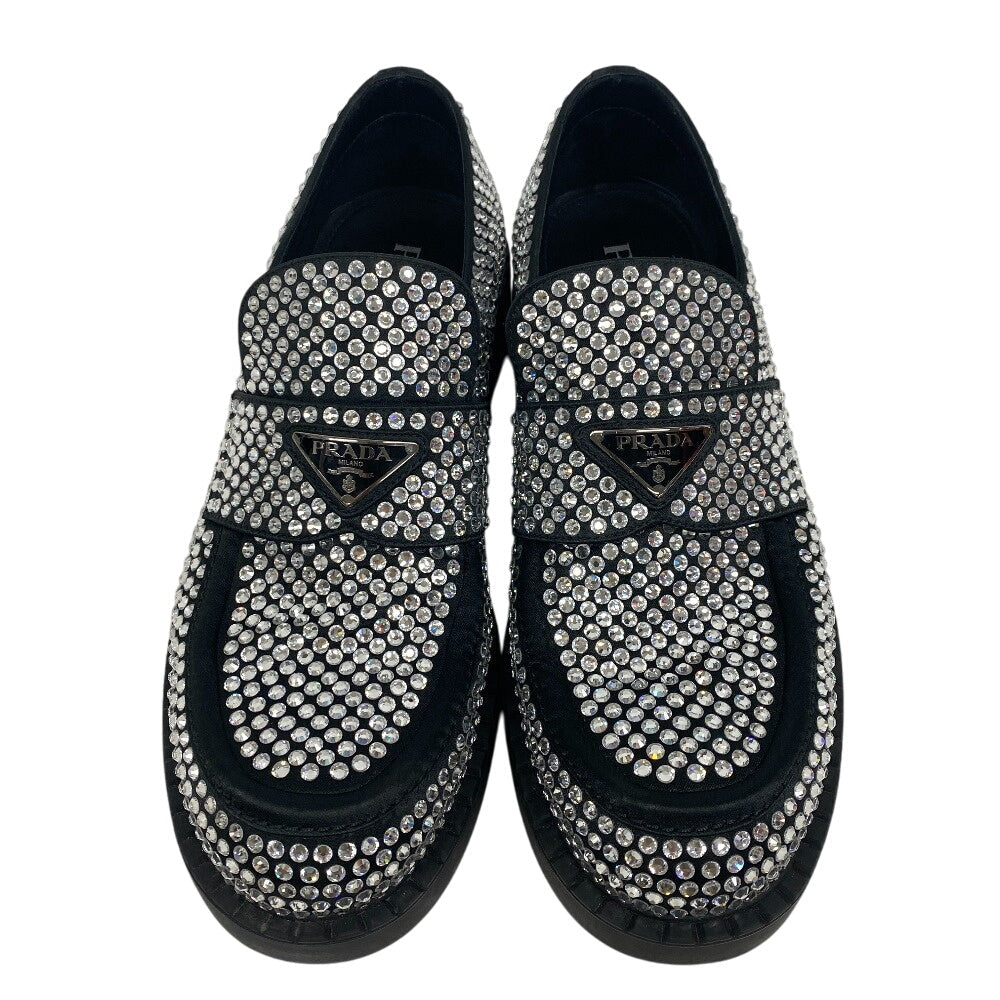 Prada Loafers Leather Black Triangle Plate Crystal Chocolate Mens 7