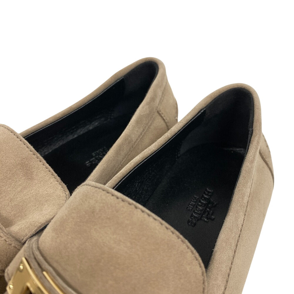 Hermes Loafers Suede Beige Kelly Metal Desting Women 38.5