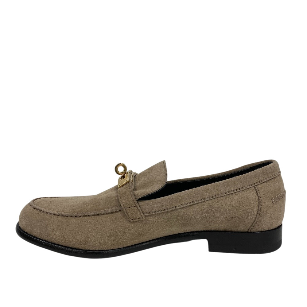 Hermes Loafers Suede Beige Kelly Metal Desting Women 38.5
