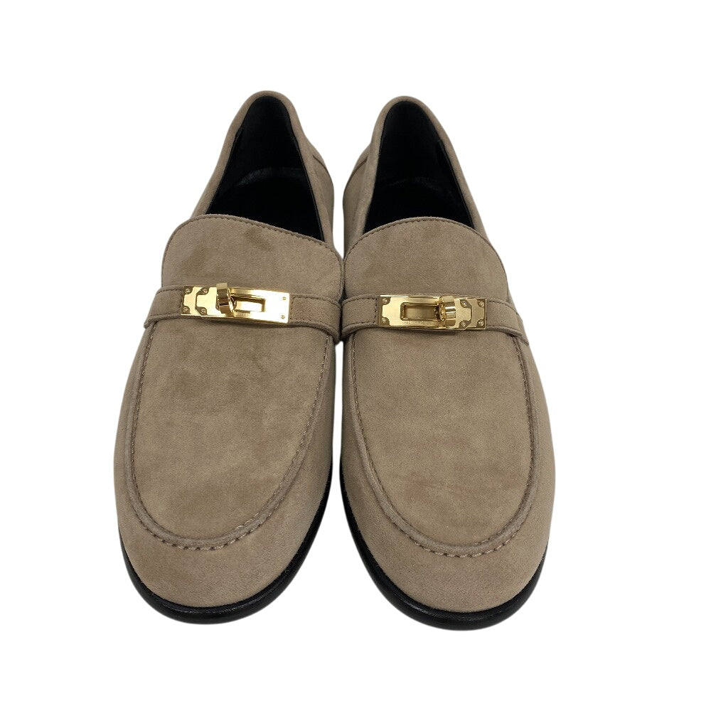 Hermes Loafers Suede Beige Kelly Metal Desting Women 38.5