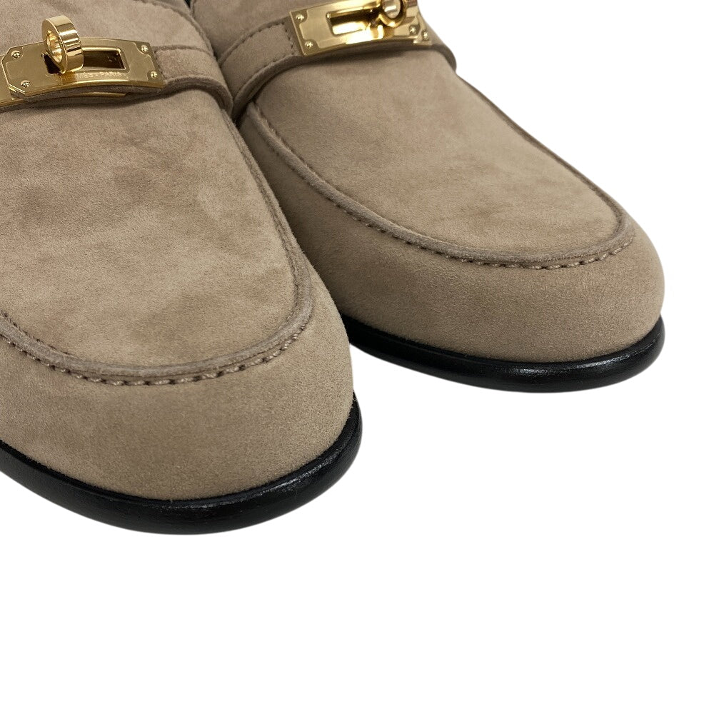 Hermes Loafers Suede Beige Kelly Metal Desting Women 38.5