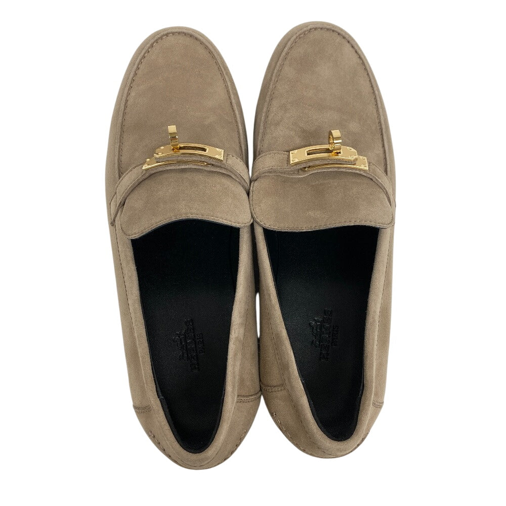 Hermes Loafers Suede Beige Kelly Metal Desting Women 38.5