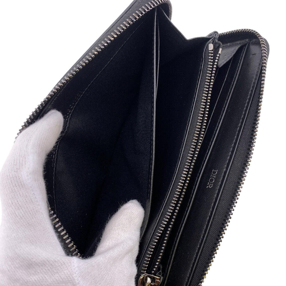 Dior Long Wallet Purse Leather Black Zip Around Cd Logo Women(Unisex)