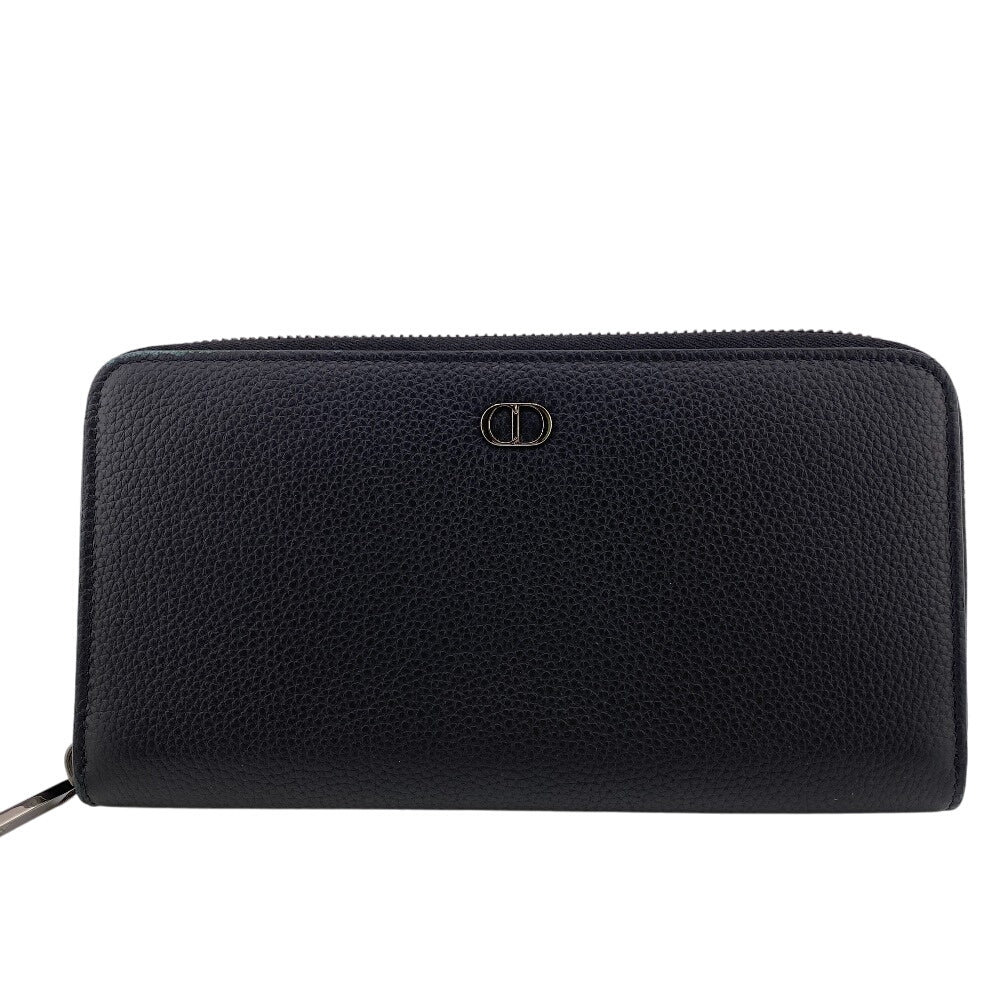 Dior Long Wallet Purse Leather Black Zip Around Cd Logo Women(Unisex)