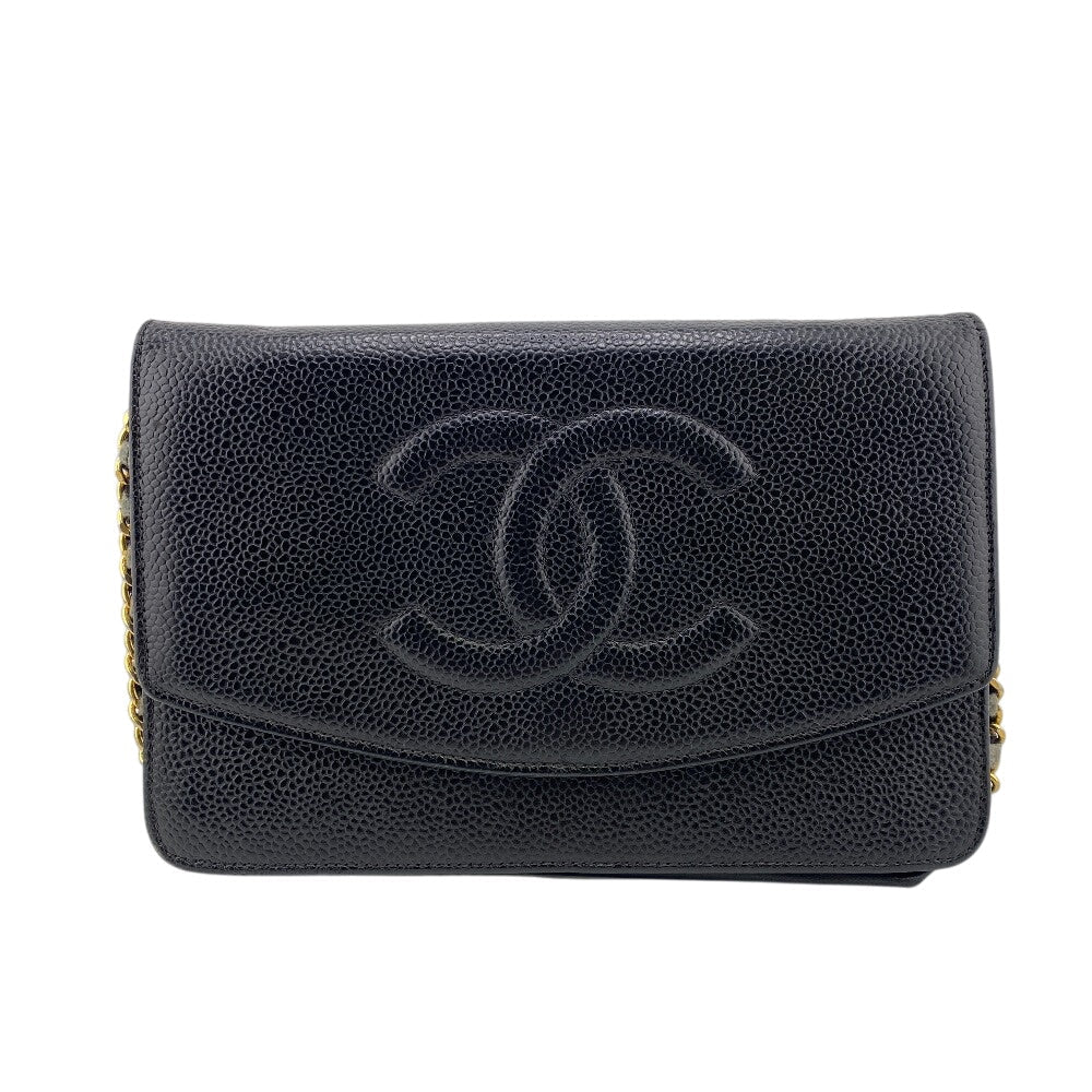 Chanel Long Wallet Purse Caviar Skin Black Chain Wallet Coco Mark Mens