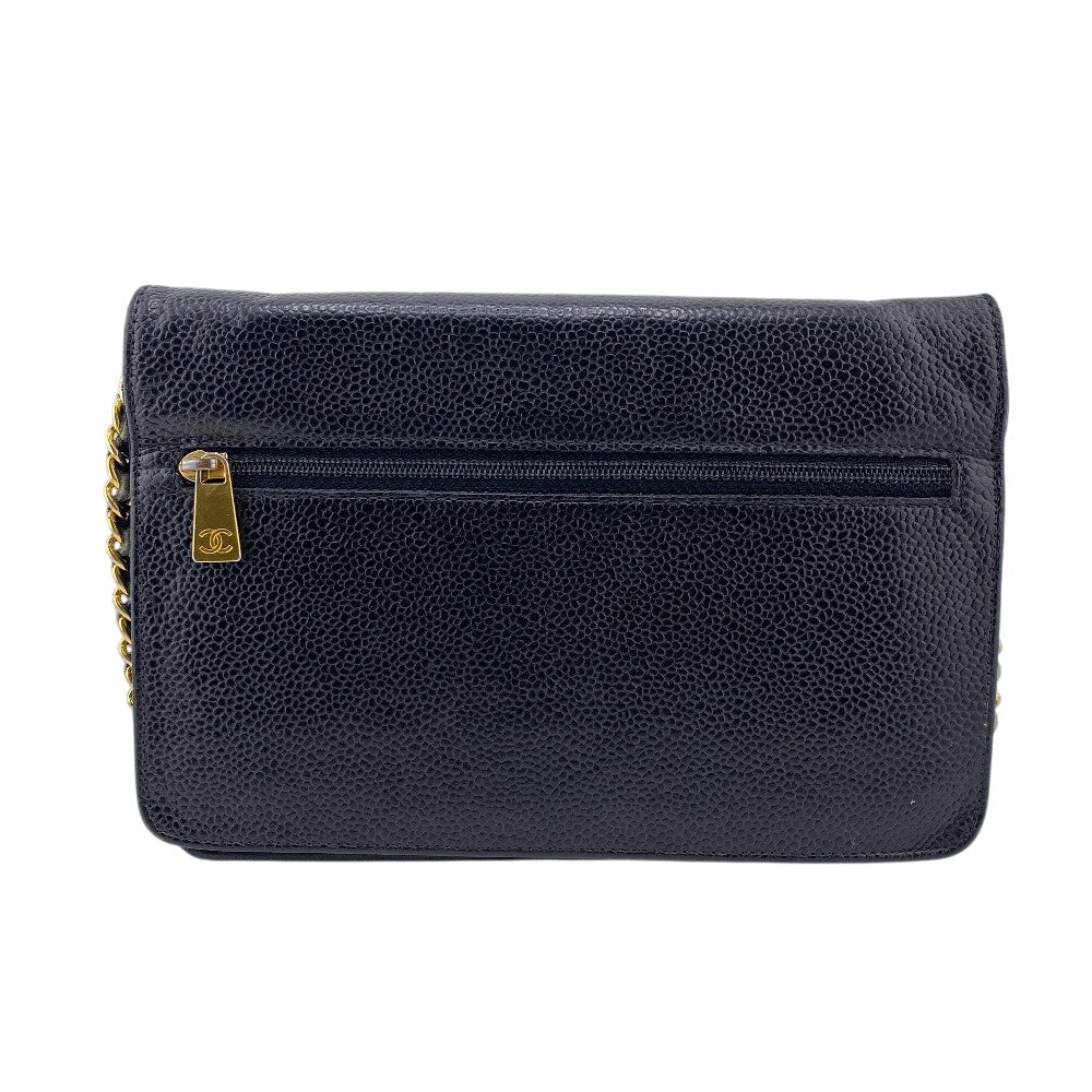 Chanel Long Wallet Purse Caviar Skin Black Chain Wallet Coco Mark Mens