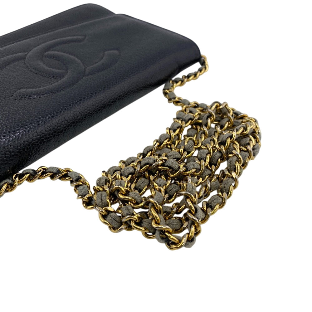 Chanel Long Wallet Purse Caviar Skin Black Chain Wallet Coco Mark Mens