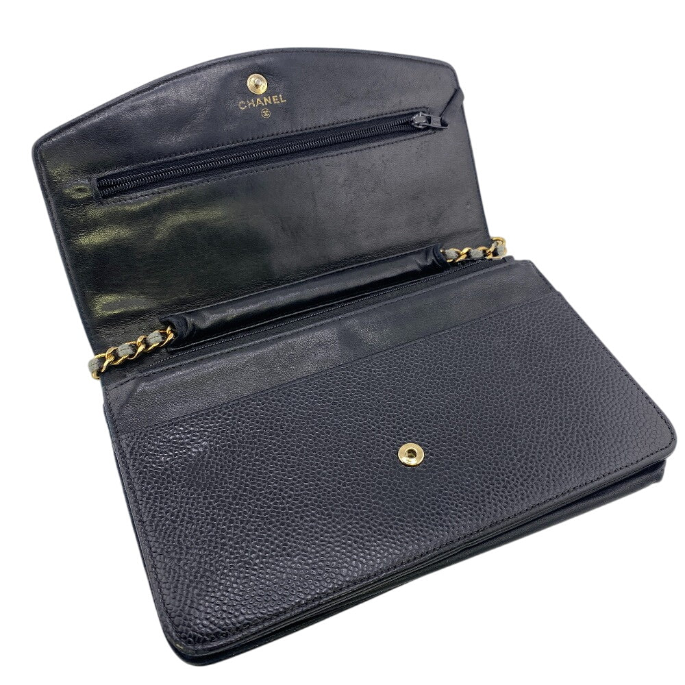 Chanel Long Wallet Purse Caviar Skin Black Chain Wallet Coco Mark Mens