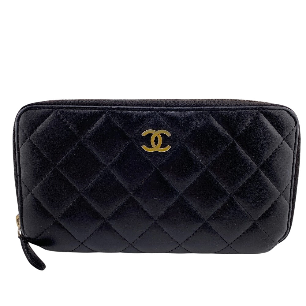 Chanel Long Wallet Purse Lambskin Black Zip Around Lambskin Matrasse Women
