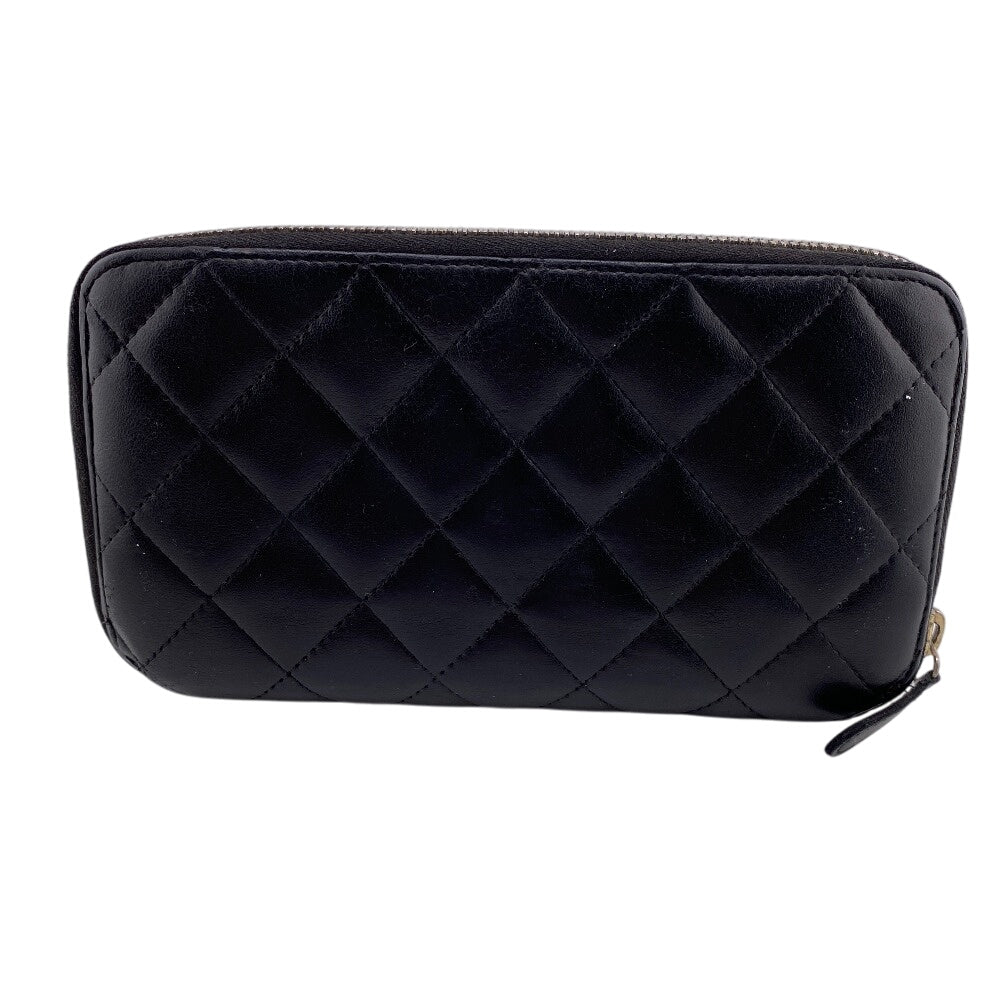 Chanel Long Wallet Purse Lambskin Black Zip Around Lambskin Matrasse Women