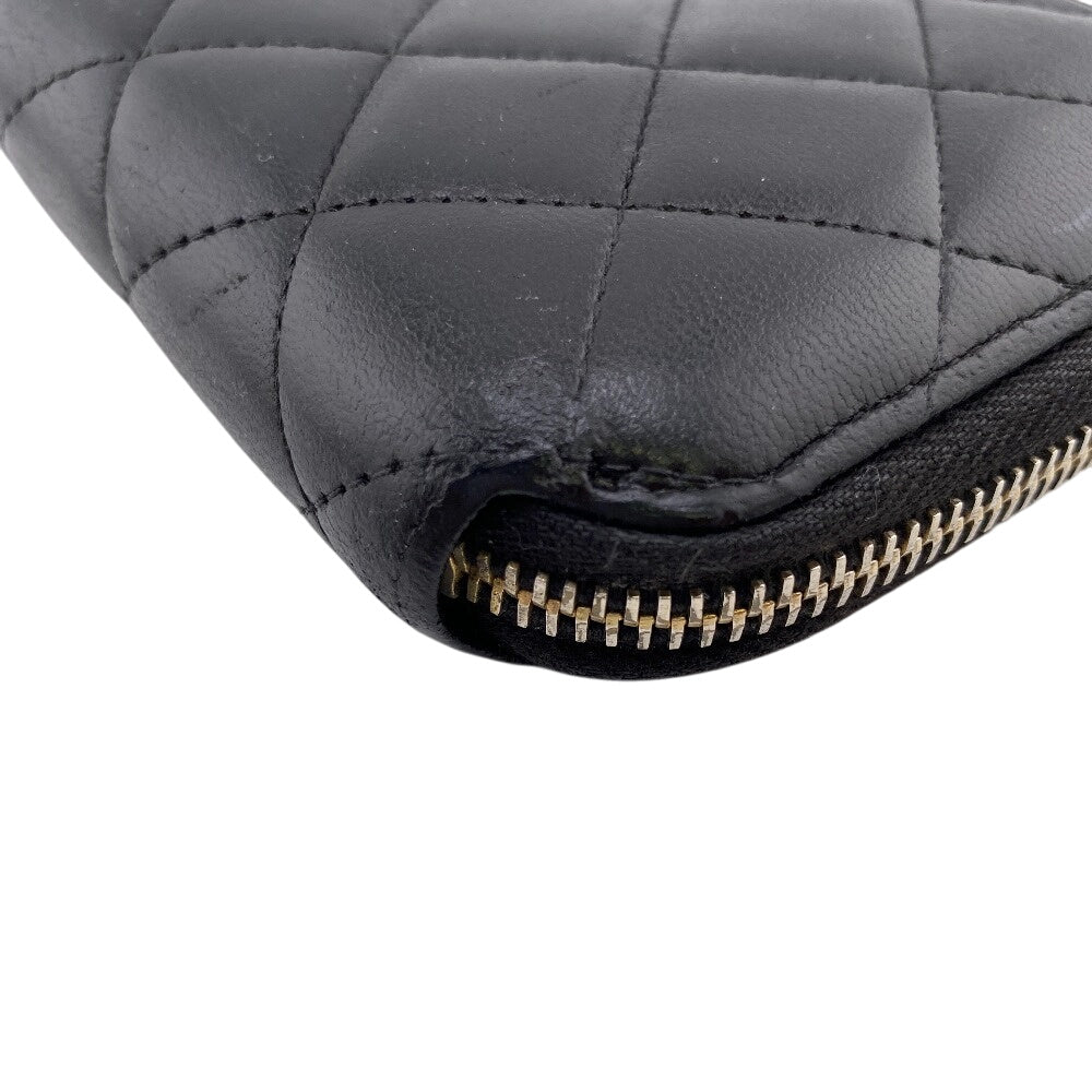 Chanel Long Wallet Purse Lambskin Black Zip Around Lambskin Matrasse Women
