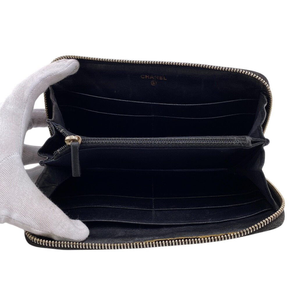 Chanel Long Wallet Purse Lambskin Black Zip Around Lambskin Matrasse Women