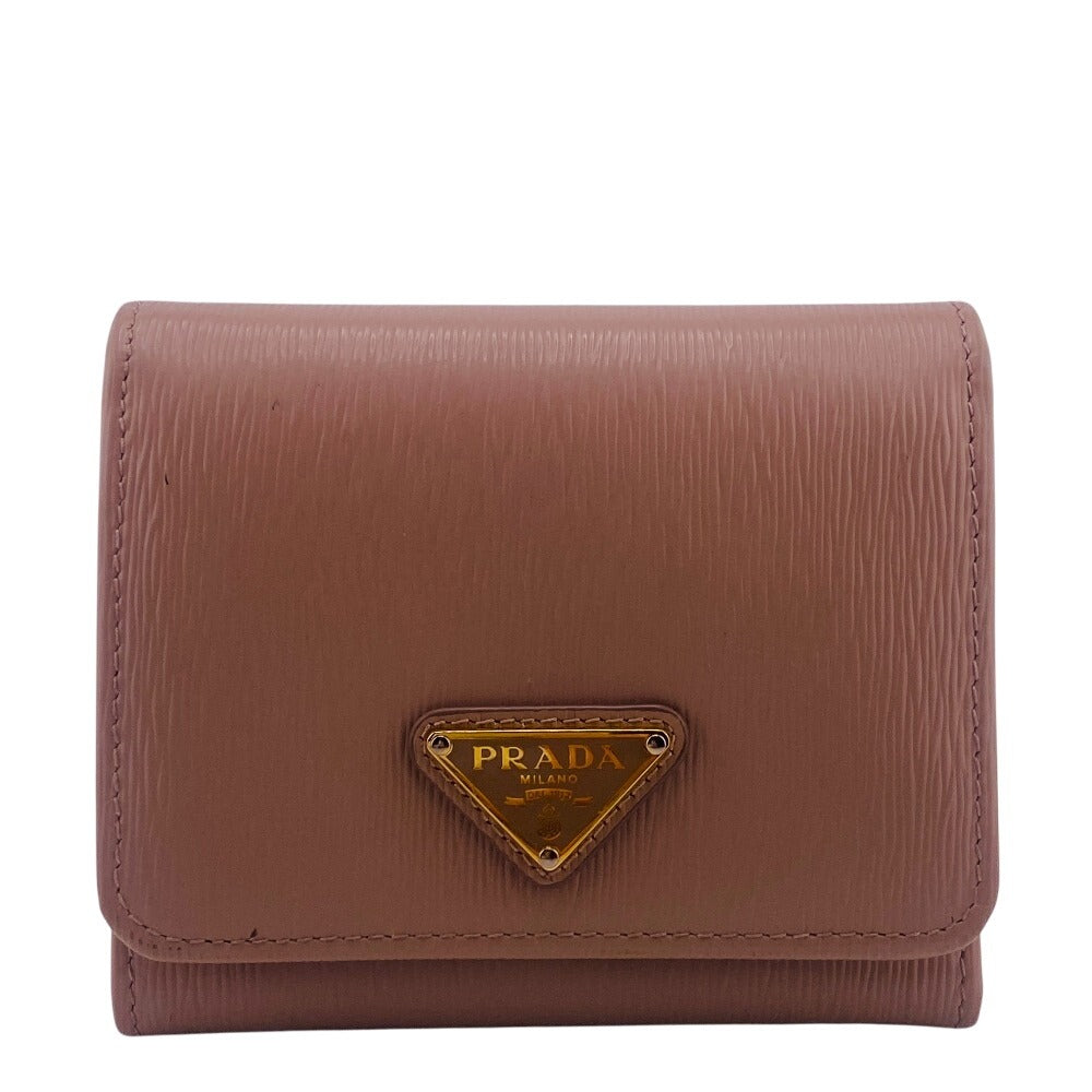 Prada Tri-Fold Wallet 1Mh176 Leather Beige Compact Wallet Wittelomb Triangle Women