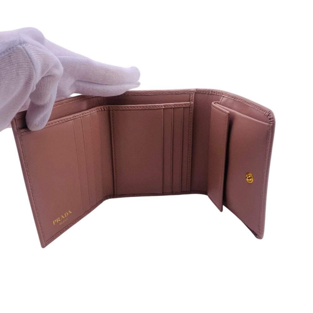 Prada Tri-Fold Wallet 1Mh176 Leather Beige Compact Wallet Wittelomb Triangle Women