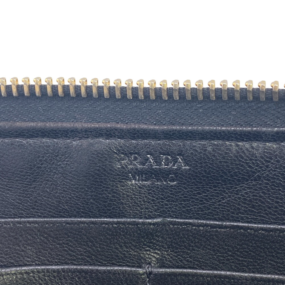 Prada Long Wallet Purse 1M0506 Leather Black Gathered Zip Around Women