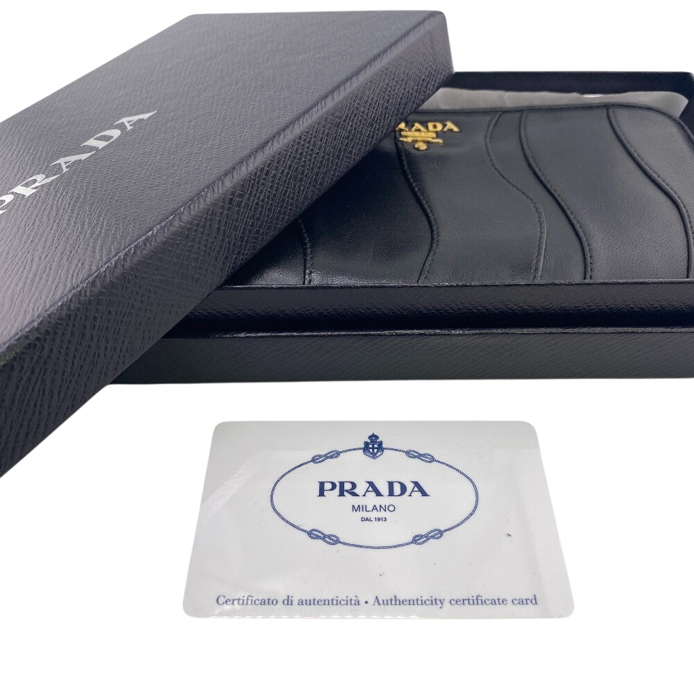 Prada Long Wallet Purse 1M0506 Leather Black Gathered Zip Around Women