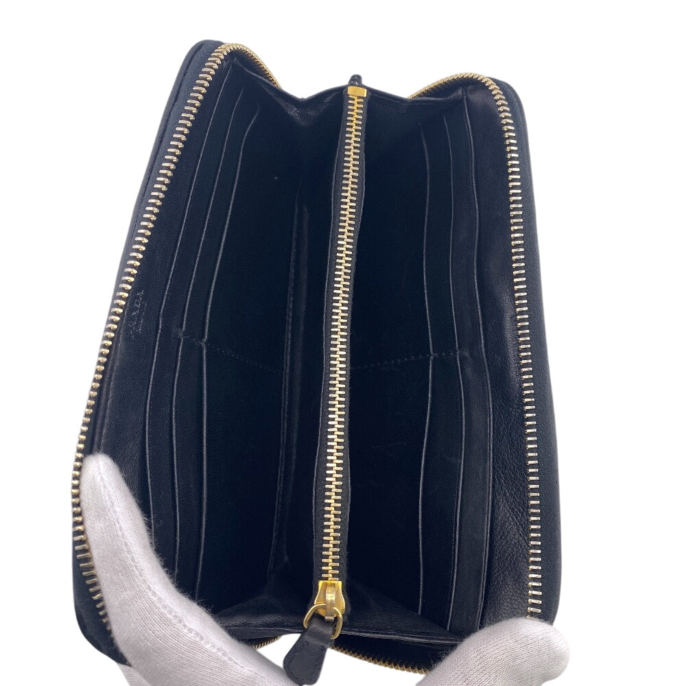 Prada Long Wallet Purse 1M0506 Leather Black Gathered Zip Around Women
