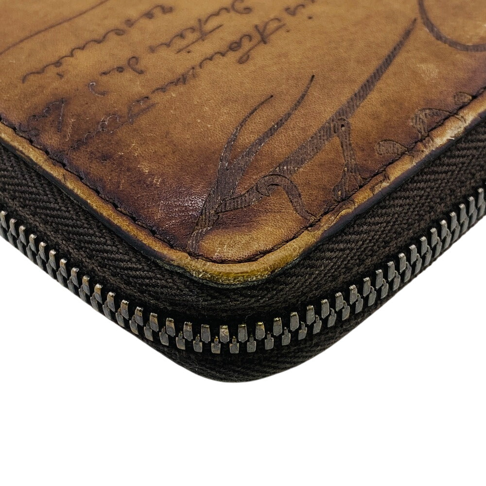 Berluti Long Wallet Purse Leather Brown Round Zip Wallet Calligraphy Mens