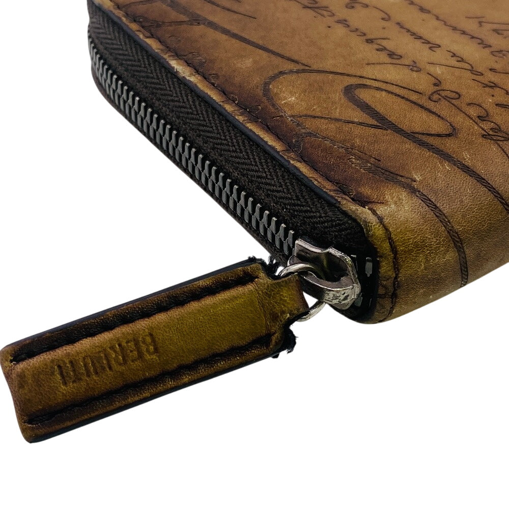 Berluti Long Wallet Purse Leather Brown Round Zip Wallet Calligraphy Mens