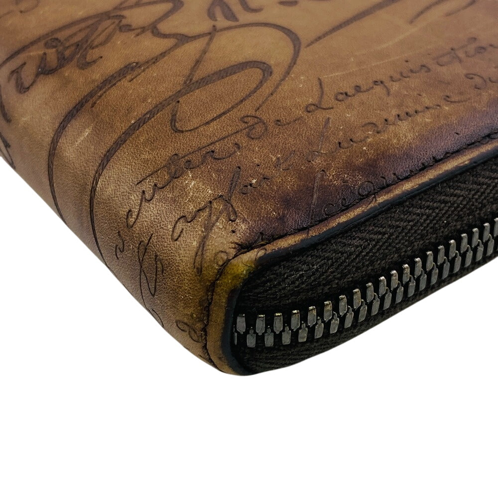 Berluti Long Wallet Purse Leather Brown Round Zip Wallet Calligraphy Mens