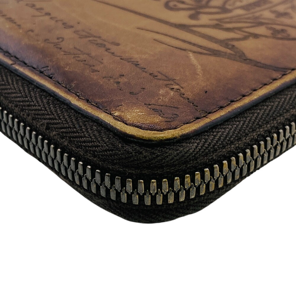 Berluti Long Wallet Purse Leather Brown Round Zip Wallet Calligraphy Mens