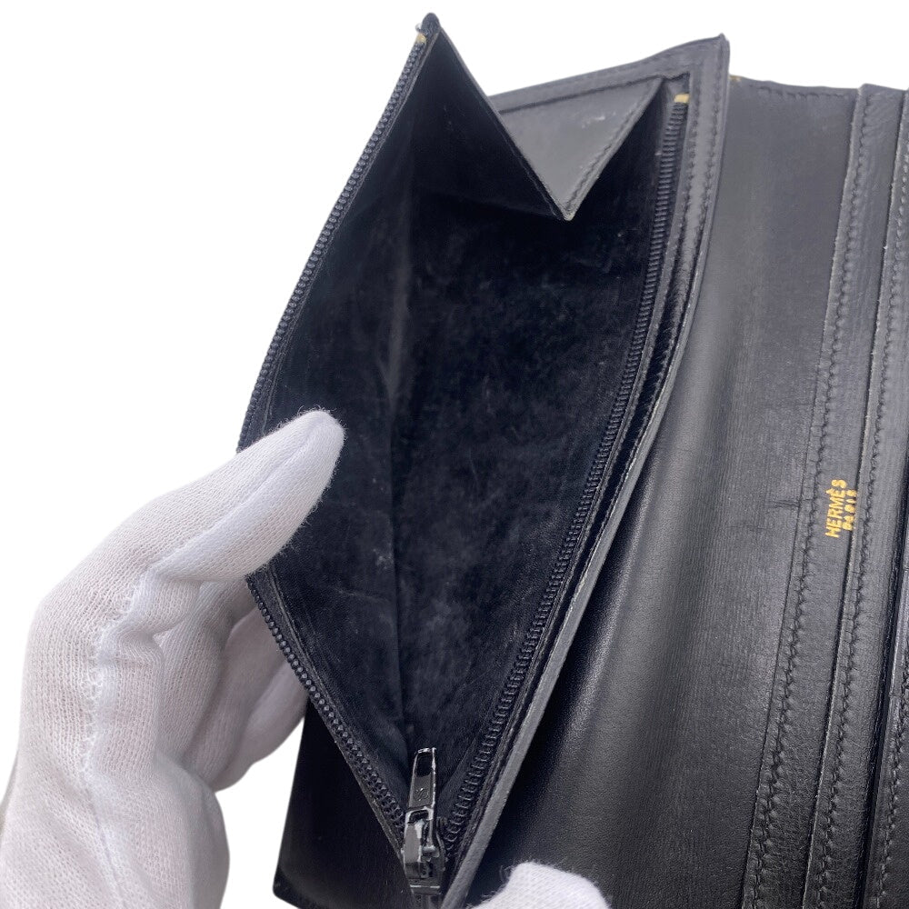 Hermes Long Wallet Purse Box Scarf Black 1996 Long Wallet Bean Classic Mens(Unisex)